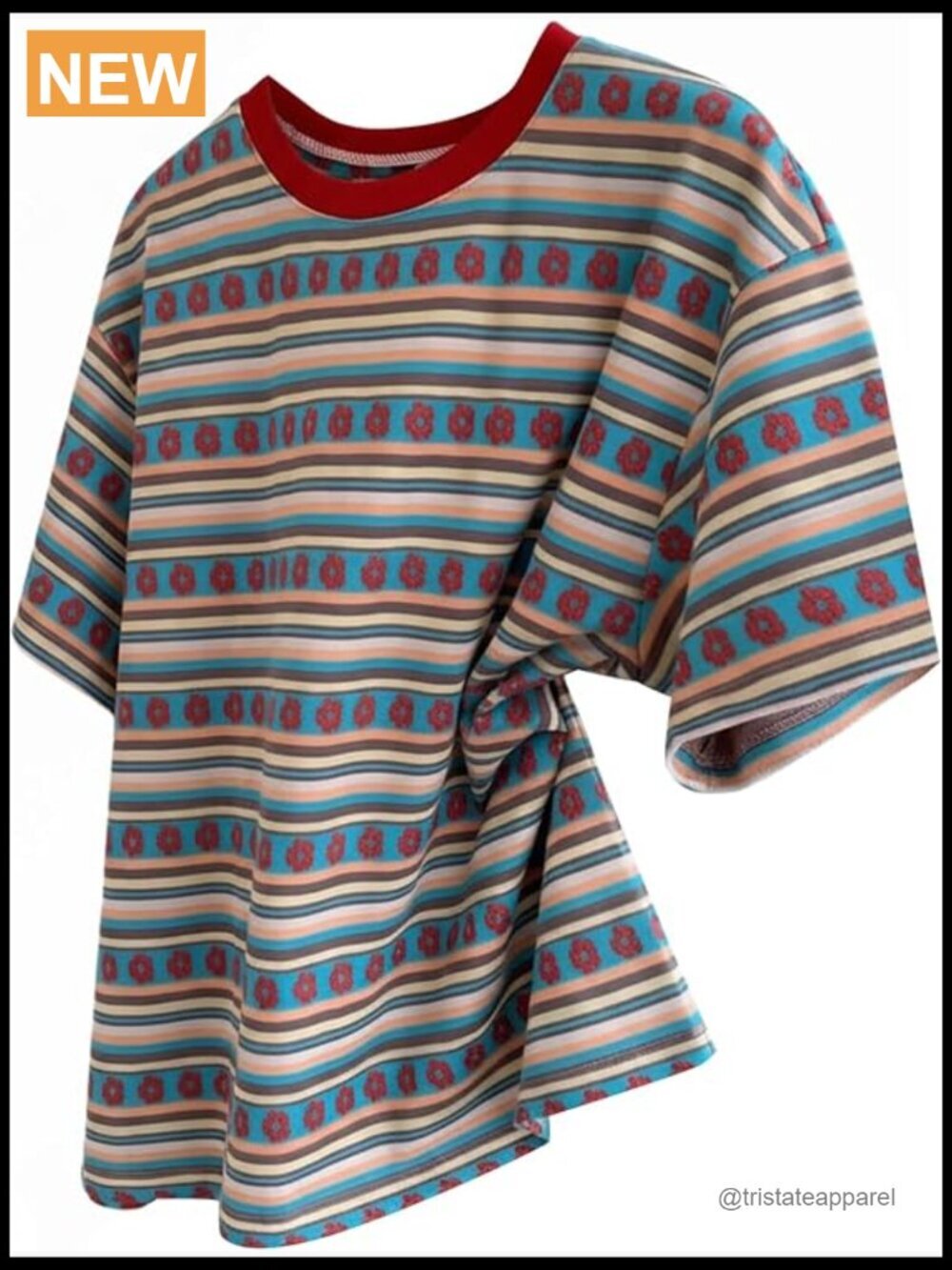 Striped Floral Graphic Tee, Short Sleeve Crew Neck, Casual Summer Top